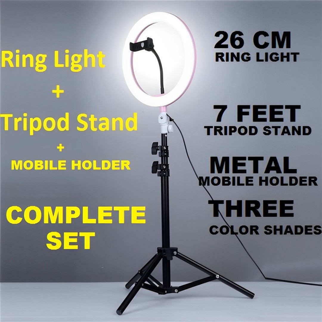 Ring Light with 7ft Aluminium Tripod Stand & Mobile Stand Holder (3 Shades in Light) | Ring Light with Stand