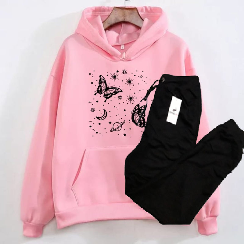 New Butterfly and Stars Printed Fleece Winter Tracksuit Hoodie and Trouser For Women - Fashionable and Warm Women's Tracksuit