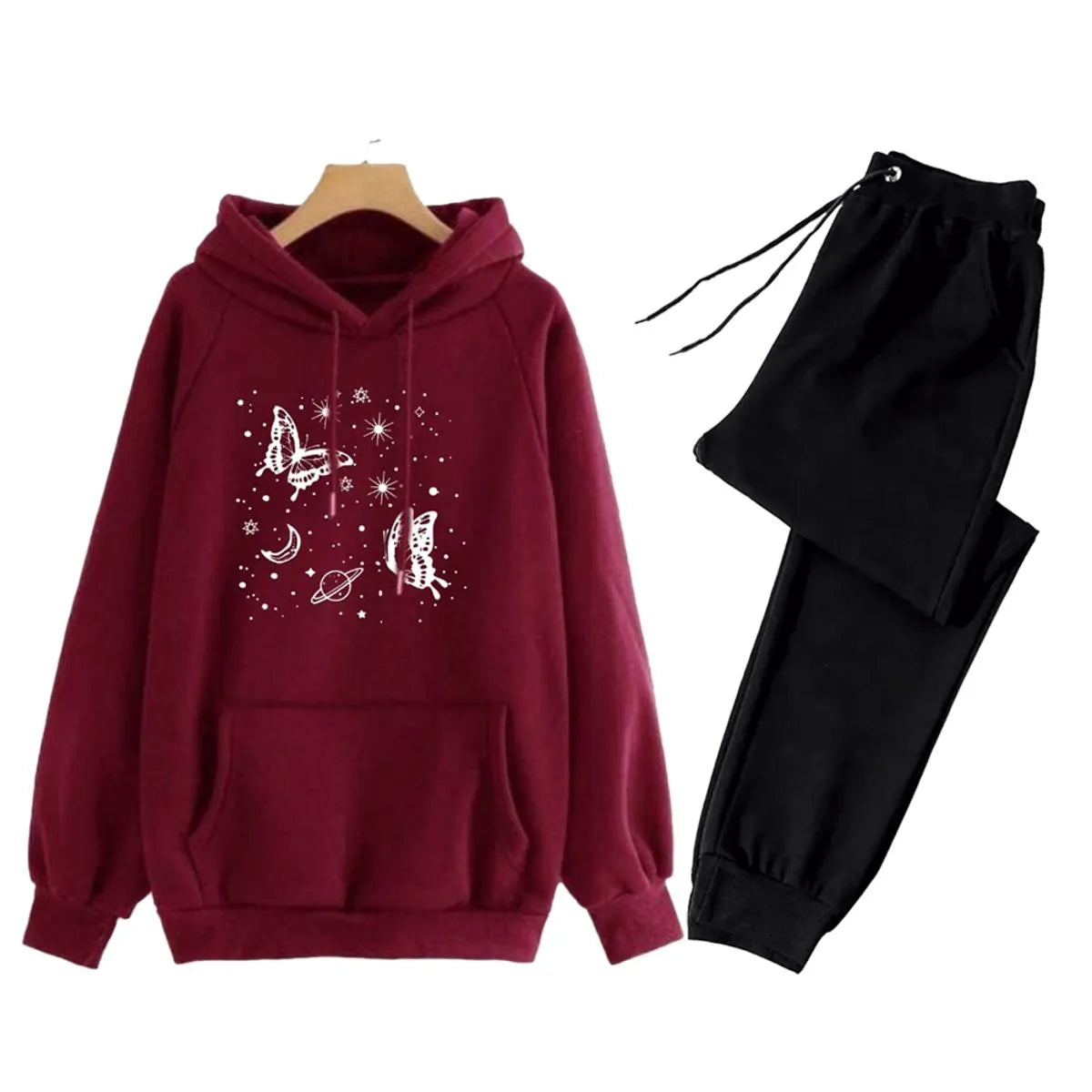 New Butterfly and Stars Printed Fleece Winter Tracksuit Hoodie and Trouser For Women - Fashionable and Warm Women's Tracksuit