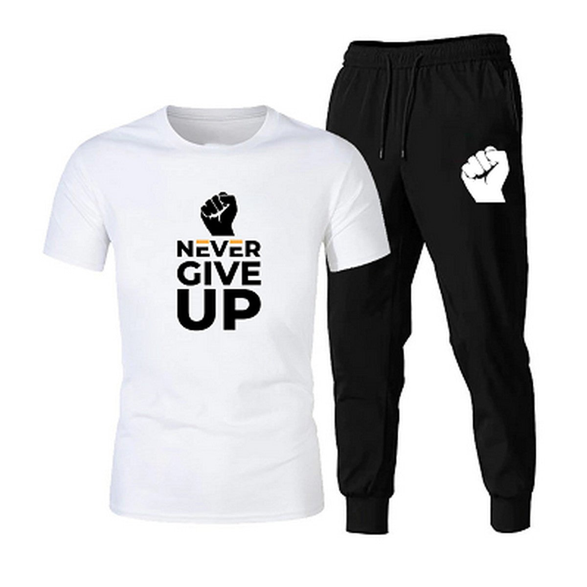 White Never Give Up Gym Summer Tracksuit T-Shirt and Trousers for Men